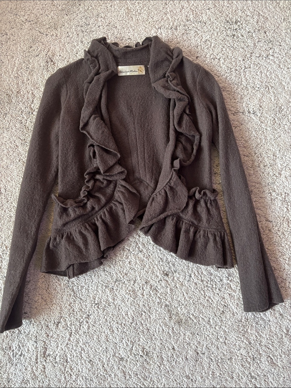 Charlie & Robin Chocolate Brown Wool Ruffle Trim Open Front Cardigan Blazer